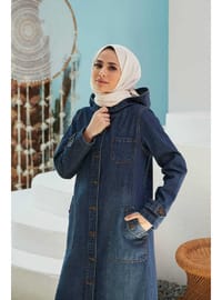 Denim Kapşonlu Kap Koyu Mavi