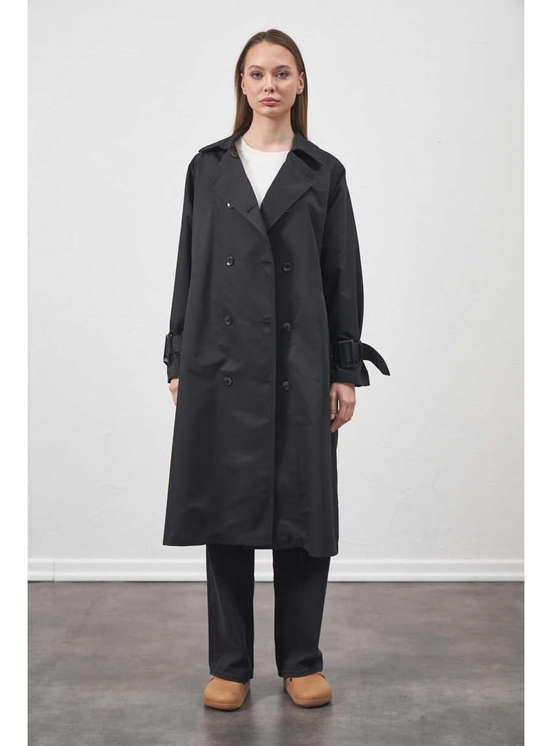 Tokalı Oversize Trenchcoat Siyah