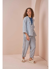 Kruvaze Kimono Bluz Müslin İnce Çizgili Mavi