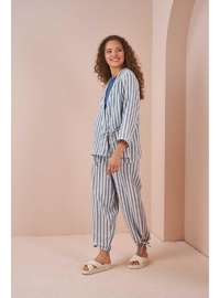 Kruvaze Kimono Bluz Müslin İnce Çizgili Mavi