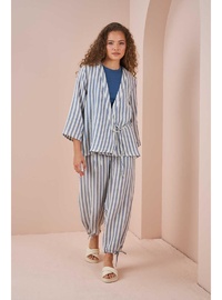 Kruvaze Kimono Bluz Müslin İnce Çizgili Mavi