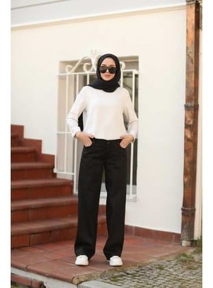 1056-Denim Bol Paça Pantolon Siyah