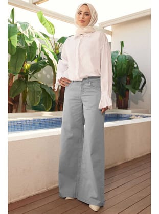1067-Denim Bol Paça Pantolon Açık Gri