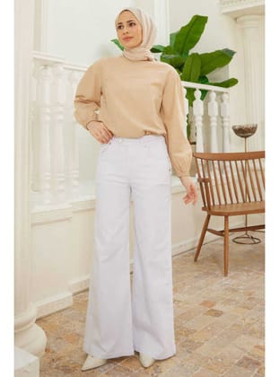 1067-Denim Bol Paça Pantolon Beyaz