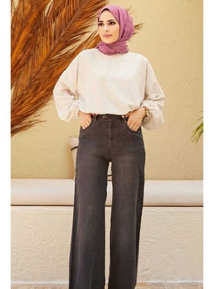 1067-Denim Bol Paça Pantolon Koyu Gri