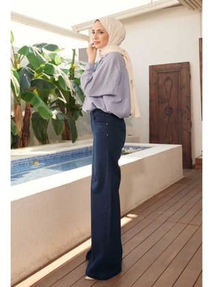 1067-Denim Bol Paça Pantolon Lacivert