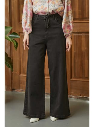 1123-Denim Bağcıklı Bol Paça Pantolon Füme