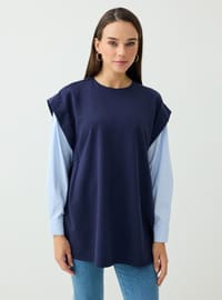 Kolları Çizgili Poplin Detaylı Tunik Lacivert