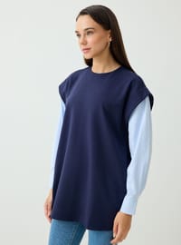 Kolları Çizgili Poplin Detaylı Tunik Lacivert