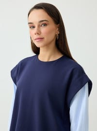 Kolları Çizgili Poplin Detaylı Tunik Lacivert