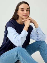 Kolları Çizgili Poplin Detaylı Tunik Lacivert