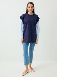 Kolları Çizgili Poplin Detaylı Tunik Lacivert