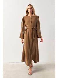 Liva Kolları Taşlı Abaya Camel