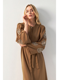 Liva Kolları Taşlı Abaya Camel