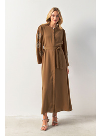 Liva Kolları Taşlı Abaya Camel