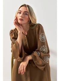 Liva Kolları Taşlı Abaya Camel
