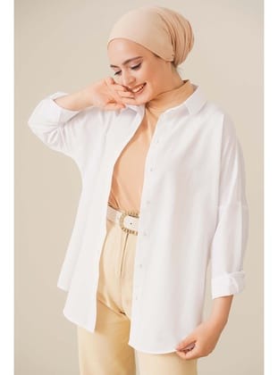 103901 Oversize Basic Tesettür Gömlek - Beyaz BEYAZ