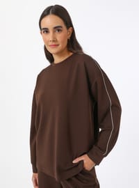 Parlak Şeritli Modal Eşofman Takımı - Kahverengi - Refka
