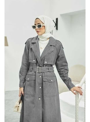 6625-Reglan kollu Trençkot Gri