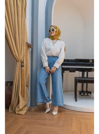 Pileli Denim Pantolon Mavi