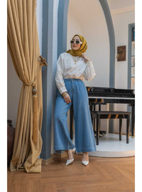 Pileli Denim Pantolon Mavi