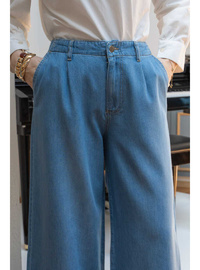 Pileli Denim Pantolon Mavi