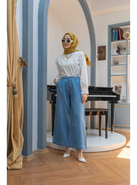 Pileli Denim Pantolon Mavi