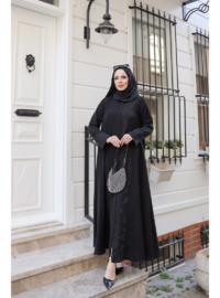 Dubai İpeği Abaya Taş Detaylı Siyah