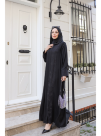 Dubai İpeği Abaya Taş Detaylı Siyah