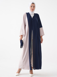 Önü Açık Abaya Kuşak Detaylı Lacivert Krem