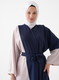 Önü Açık Abaya Kuşak Detaylı Lacivert Krem