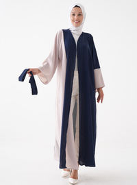 Önü Açık Abaya Kuşak Detaylı Lacivert Krem