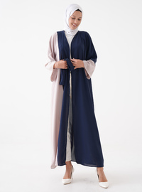 Önü Açık Abaya Kuşak Detaylı Lacivert Krem