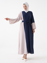 Önü Açık Abaya Kuşak Detaylı Lacivert Krem