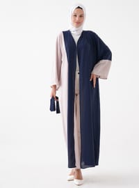 Önü Açık Abaya Kuşak Detaylı Lacivert Krem