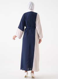 Önü Açık Abaya Kuşak Detaylı Lacivert Krem