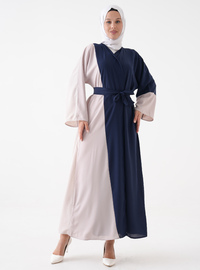 Önü Açık Abaya Kuşak Detaylı Lacivert Krem