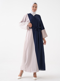 Önü Açık Abaya Kuşak Detaylı Lacivert Krem