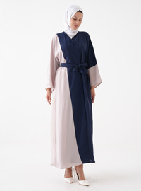 Önü Açık Abaya Kuşak Detaylı Lacivert Krem