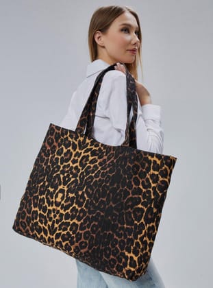 Geçişli Leopar Desen Büyük Boy Çanta - Kahverengi - Çınar Bez Çanta