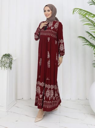 PÜSKÜLLÜ ELBİSE - Bordo - Zenane