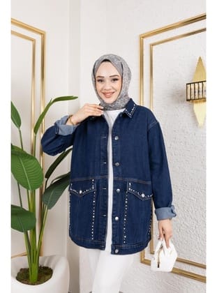 Kadın Cepli Taş İşleme Detaylı Denim Kot Ceket