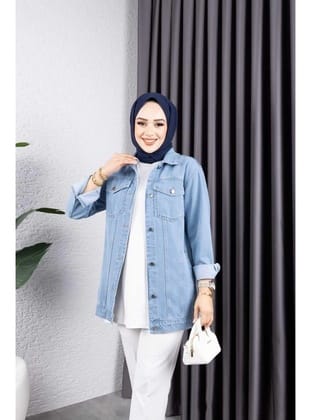 Kadın Buz Mavisi Kar Yıkamalı Cepli Denim Kot Ceket
