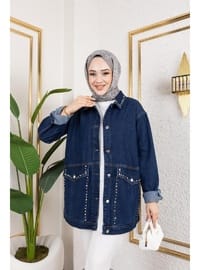 Taş İşlemeli Denim Ceket Lacivert