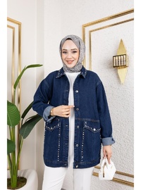 Taş İşlemeli Denim Ceket Lacivert