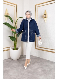 Taş İşlemeli Denim Ceket Lacivert