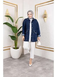 Taş İşlemeli Denim Ceket Lacivert