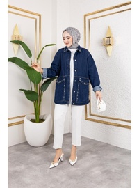 Taş İşlemeli Denim Ceket Lacivert