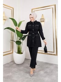 Taş Detaylı Kot Takım Siyah