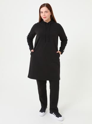 Büyük Beden Doğal Kumaşlı Spor Tunik&Pantolon İkili Takım - Siyah - Alia